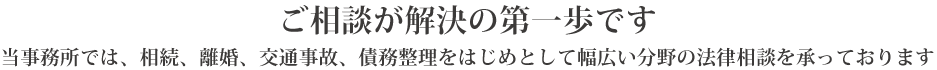 ご相談が解決の第一歩です。
当事務所では、相続、離婚、交通事故、債務整理をはじめとして幅広い分野の法律相談を承っております。