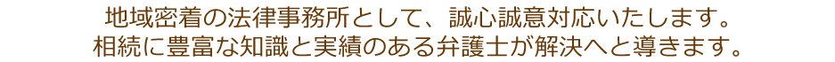 地域密着の法律事務所として、誠心誠意対応いたします。
相続に豊富な知識と実績のある弁護士が解決へと導きます。