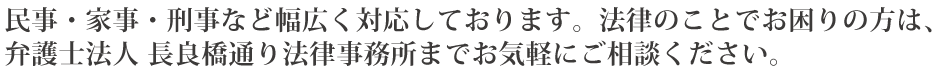 民事・家事・刑事など幅広く対応しております。法律のことでお困りの方は、弁護士法人 長良橋通り法律事務所までお気軽にご相談ください。