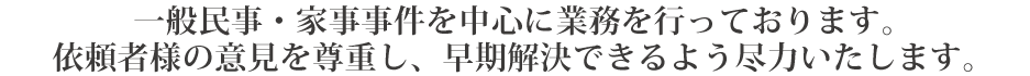 当事務所は、一般民事・家事事件を中心に業務を行っております。
依頼者様の意見を尊重し、早期解決できるよう尽力いたします。
