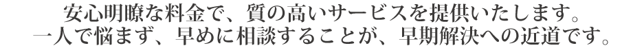 安心明瞭な料金で、質の高いサービスを提供いたします。
一人で悩まず、早めに相談することが、早期解決への近道です。