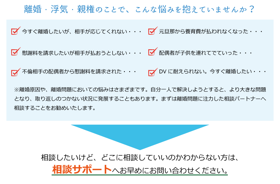 離婚・浮気・親権のことで、こんな悩みを抱えていませんか？